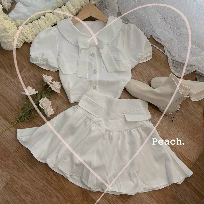 SET ÁO CROP TAY PHỒNG NƠ + CV TRẮNG