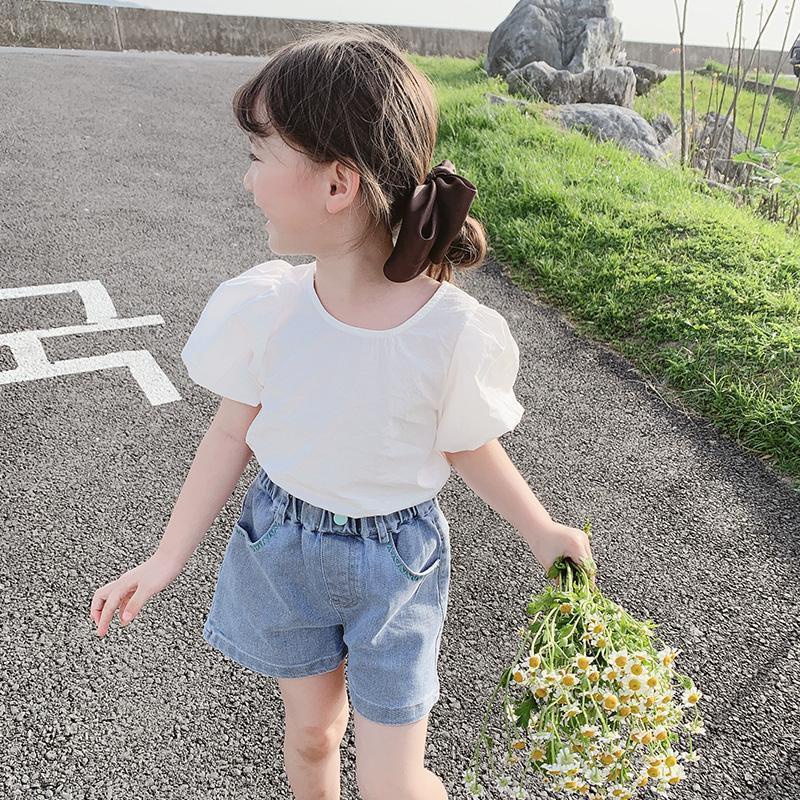 Bộ Áo Ngắn Tay Màu Trơn + Quần short denim Thời Trang Mùa Hè Hàn Quốc 2023 Dành Cho Bé Gái