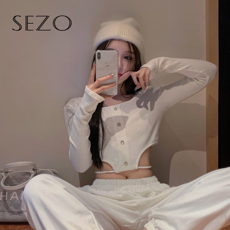 QKOOLE  Áo dệt kim dài tay dáng ôm thiết kế độc đáo phong cách Hàn Quốc cho nữ