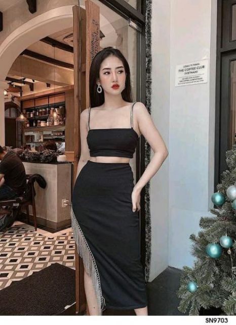 Sét chân váy xéo tà đính tua rua sexy