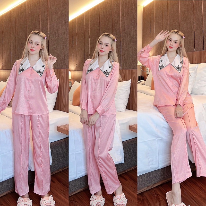 Bộ pijama cổ nhọn thêu lụa xước 2CE