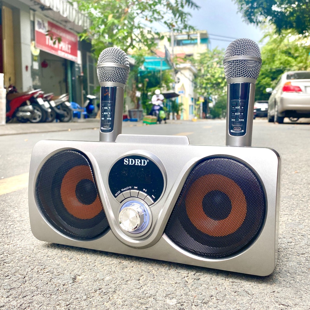 Loa karaoke bluetooth SDRD SD-312 mắt cú mới nhất - Tặng kèm 2 micro không dây có màn hình LCD - Sạc pin micro trên loa