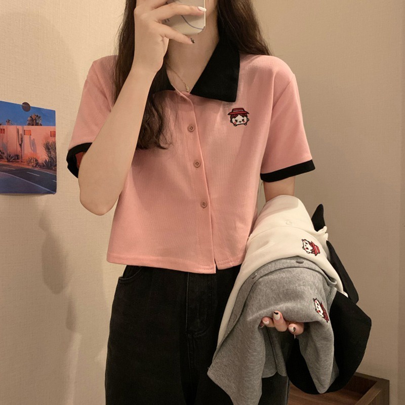Áo thun polo ZHELIHANGFEI dệt kim ngắn tay phối nút chéo xinh xắn