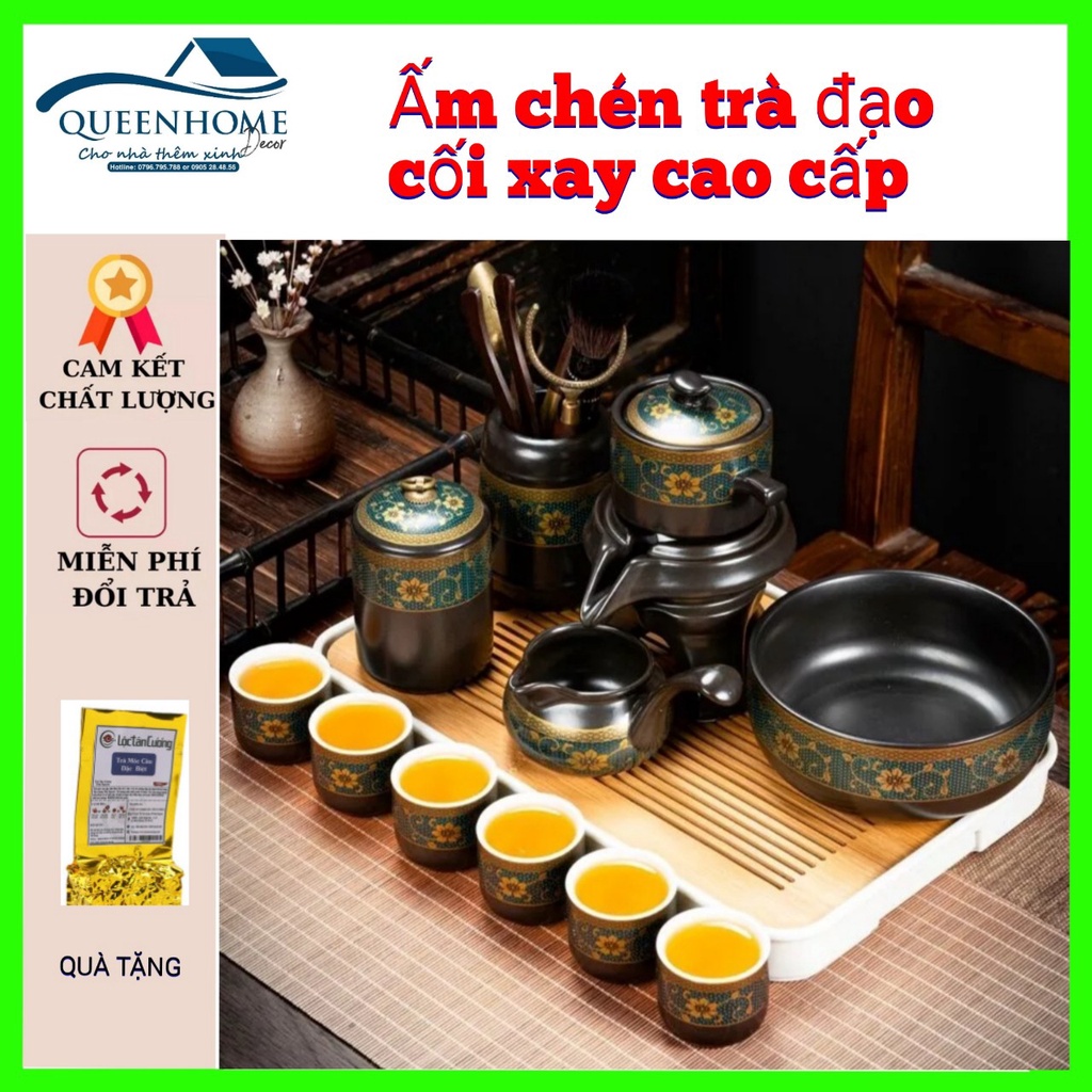 Bộ Ấm Trà Đạo Cối Xay tự động chống bỏng gốm sứ cao cấp nhập khẩu, đậm nét hoài cổ, hoa văn tinh xảo đầy phong cách