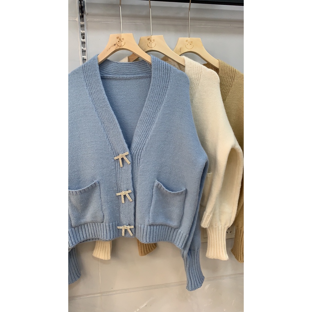 Hàng sẵn_ Áo khoác len cardigan màu trơn dáng ngắn phong cách Hàn