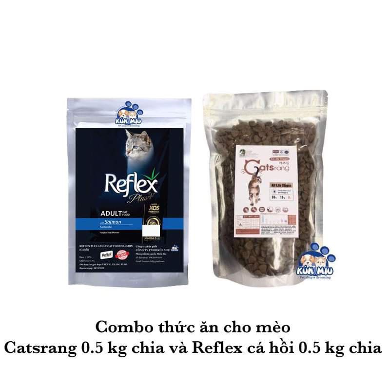 Combo thức ăn cho mèo reflex plus cá hồi 0.5kg + catsrang-0.5kg