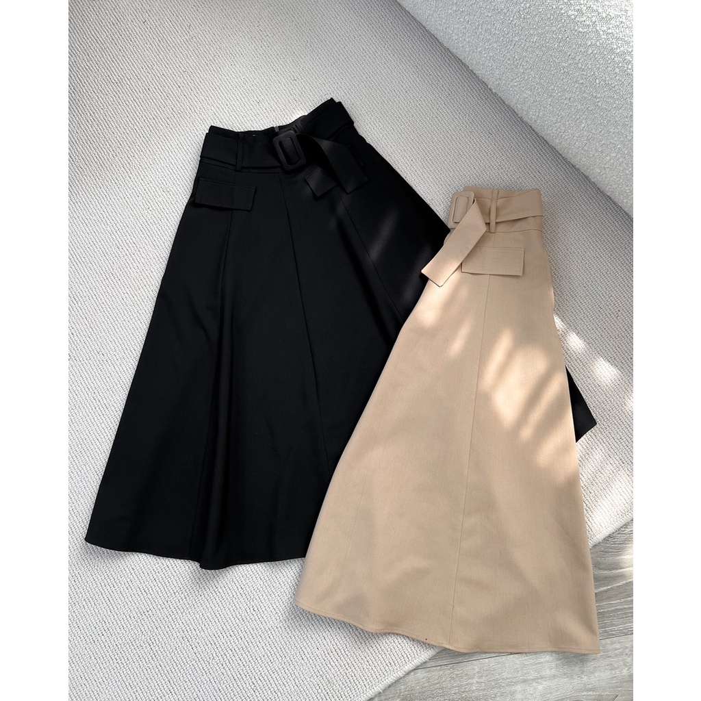 Chân váy kate cao cấp midi trơn kèm belt