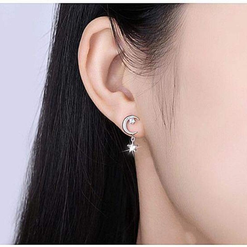 Khuyên tai bạc khuyên Trăng Sao nghịch đảo