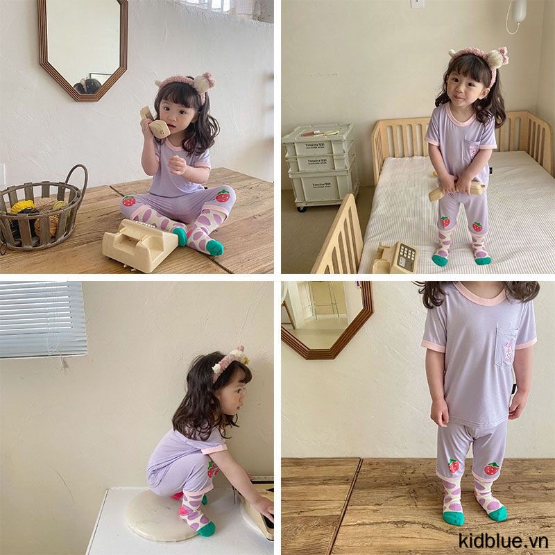 Bộ Đồ Ngủ 2 Món Tay Ngắn Cổ Tròn In Họa Tiết Hoạt Hình Thời Trang Mùa Hè Cho Bé