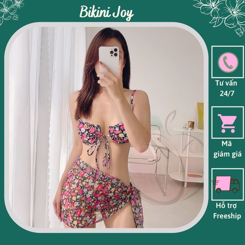 Bikini set 3 món hoạ tiết hoa nhí kèm khăn sexy