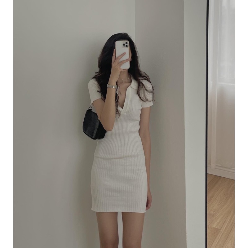 Váy Polo Trơn Pastel Nữ [FREESHIP] 🌸 Đầm cổ sơ mi dáng ôm body, thun cộc tay màu ĐEN | HỒNG | XANH Ulzzang HOT 🌸 | WebRaoVat - webraovat.net.vn
