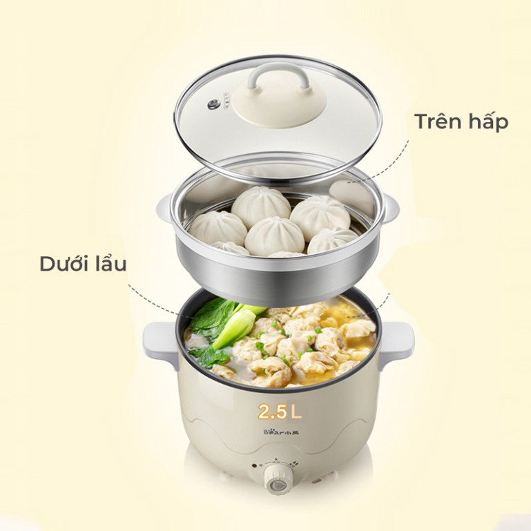 Nồi điện đa năng KÈM LỒNG HẤP 2IN1 - Nồi lẩu mini cao cấp tay cầm chống nóng, chống dính, dung tích 2.5L,công suất 800W