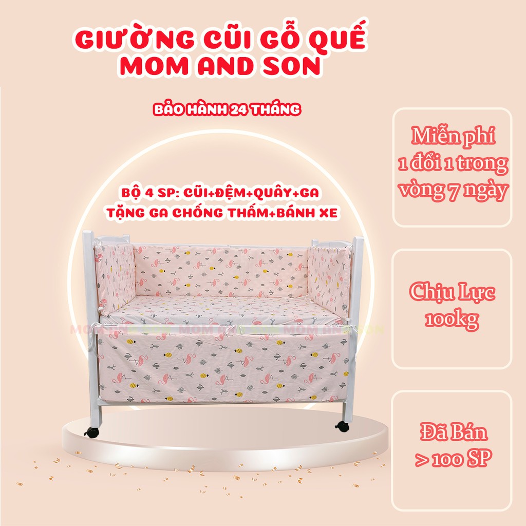 (Bộ 4 SP) Giường Cũi Cho Bé-Chất Liệu Gỗ Quế Xuất Khẩu Màu Trắng -3 Kích Thước - Nhiều Màu Sắc -BH 24 Tháng- MOM AND SON