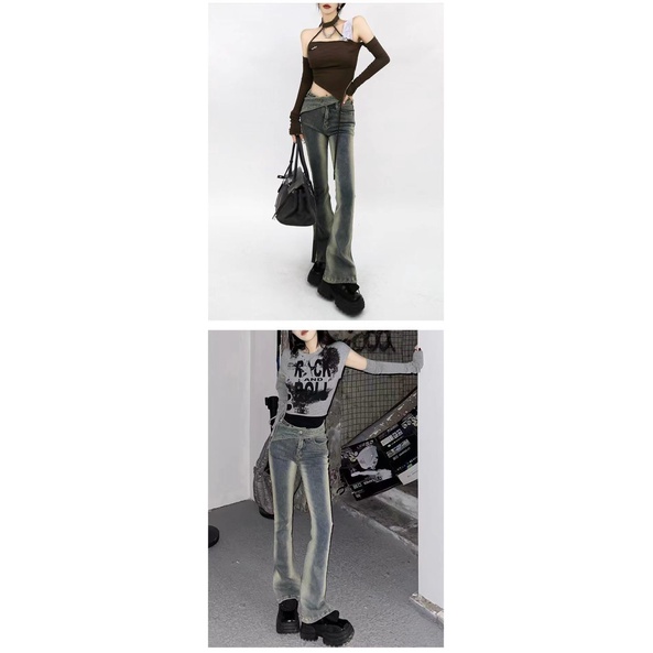 1W BLACK micro-horn jeans for women 2022 new design oblique waist slimming wide leg straight long pants 7SD1