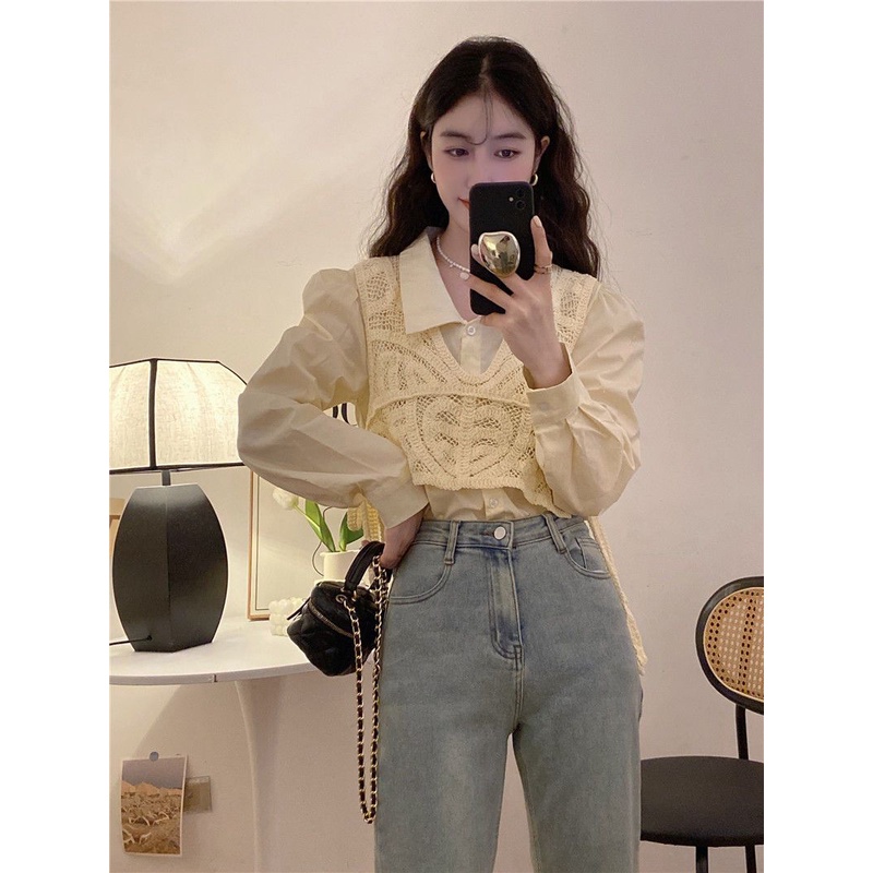 Set Áo Sơ Mi polo Tay Dài Dáng Rộng Màu Trơn Phối Áo Lưới Không Tay Thời Trang Hàn Quốc Cho Nữ