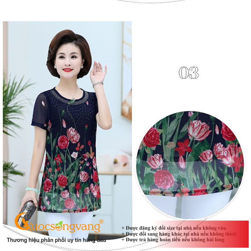 Áo kiểu trung niên big size in hoa áo nữ dáng dài đính cườm Queenbe GLA258 Cuocsongvang