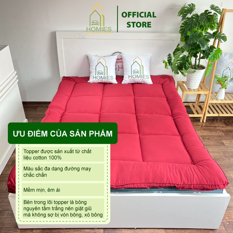 Nệm Topper Đỏ HOMIES Tấm làm mềm đệm cotton Đũi Hàn quốc mới nhất 2020 - Có Chun 4 Góc Cố Định Đệm