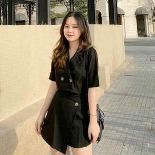 Set bộ váy đắp chéo + áo cổ V phối nút