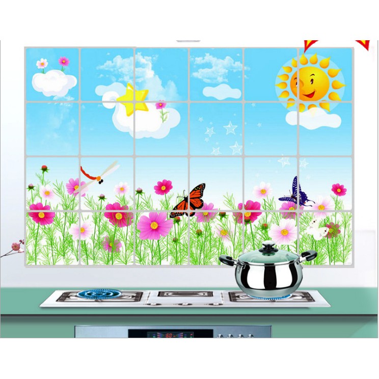 Decal dán bếp trang nhôm cách nhiệt - Chân Hoa Bướm mặt trời cười