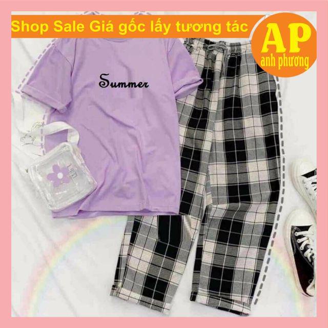 Sét áo Summer + Quần kẻCaroÁo cotton loại 1 form thụng tay lỡ,quần chất kẻ thô mềm,freesize Unisex