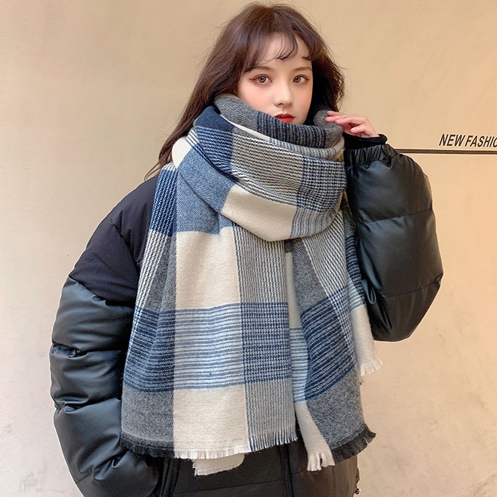 Khăn choàng cổ dài kẻ sọc caro chất liệu cashmere mềm mại thời trang thu đông phong cách Hàn Quốc cho nữ
