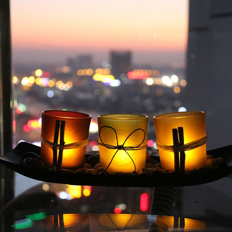 3 Candlestick Cup Decorative Candle Holders with Rocks and Tray