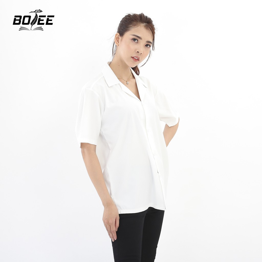 Áo sơ mi ngắn tay Trắng cổ Vest BOTEE vải lụa mềm mại form rộng unisex nam nữ