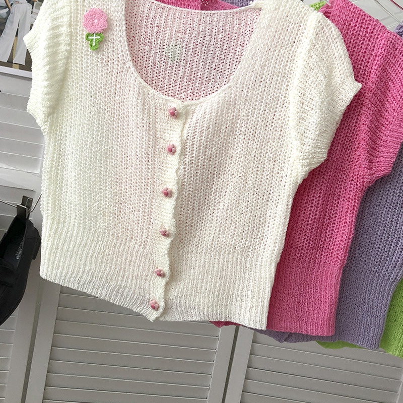 Áo Cardigan Dệt Kim Tay Ngắn Đính Cánh Hoa Dễ Thương