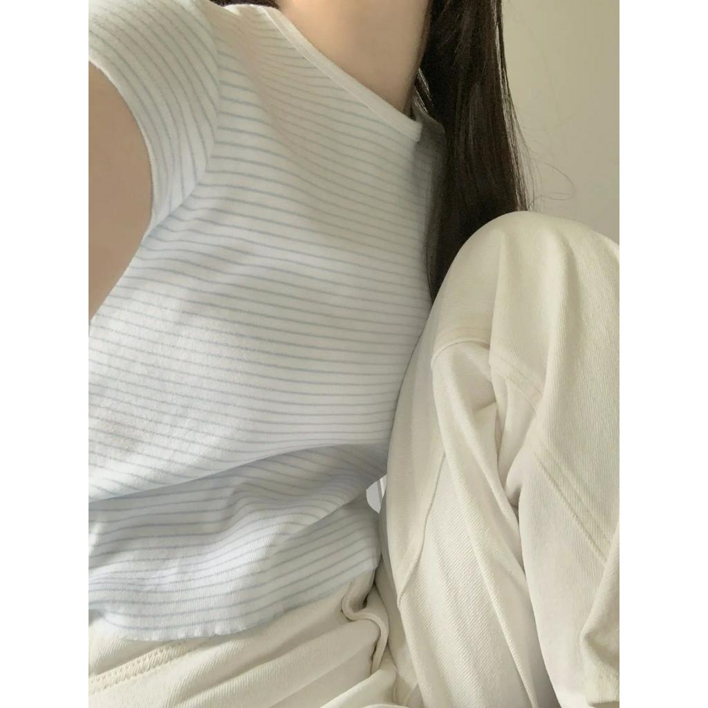 Áo Thun Tay Ngắn Cổ Tròn Họa Tiết Kẻ Sọc Thời Trang Phong Cách Hàn Quốc Cho Nữ