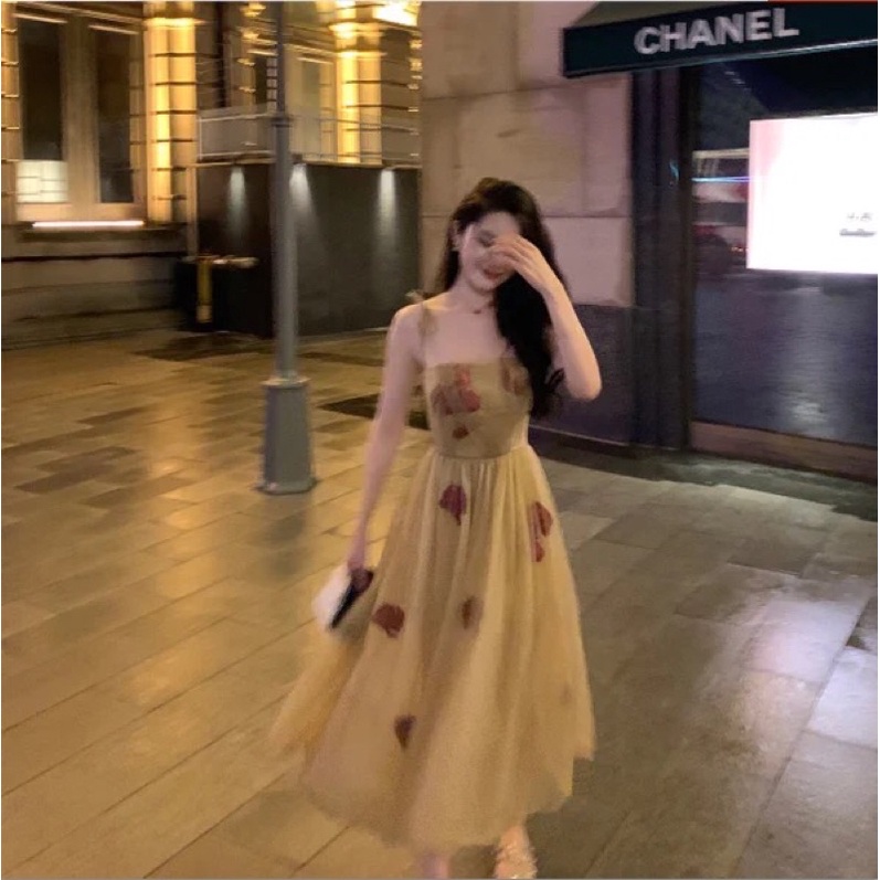 Váy Dây Voan Nude Nâu Đính Cánh Hoa Hồng Dịu Dàng