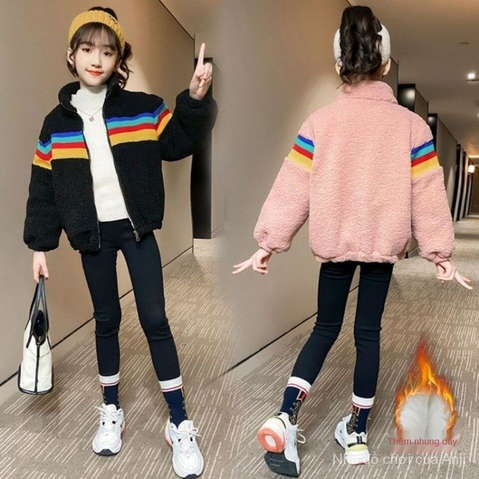 Winter children's woolen silk velvet jacket thick rainbow stripes