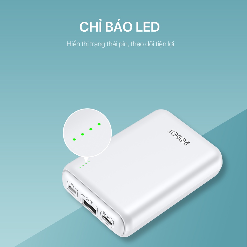 Pin Sạc Dự Phòng 10.000 mAh Super Mini ROBOT RT10 2 Cổng Sạc Vào &amp; 1 Cổng Sạc Ra Hàng Chính Hãng Bảo Hành 12 Tháng