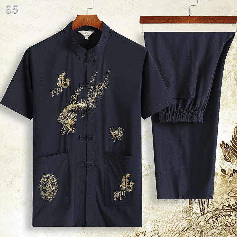 bộ đồ Tang ngắn tay nam trung niên và người lớn tuổi mùa hè Hanfu bố phù hợp với ông nội phong cách Quốc Thái cự