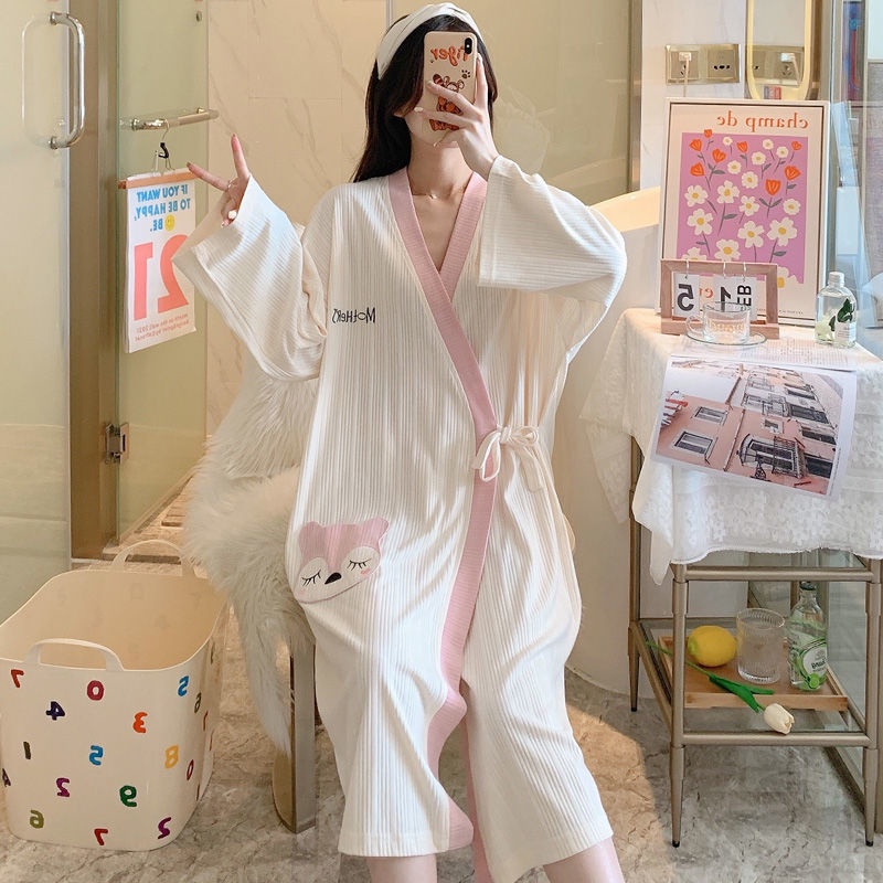 Bộ đồ ngủ tay dài dáng rộng phong cách kimono Nhật Bản thời trang thu đông mới cho nữ
