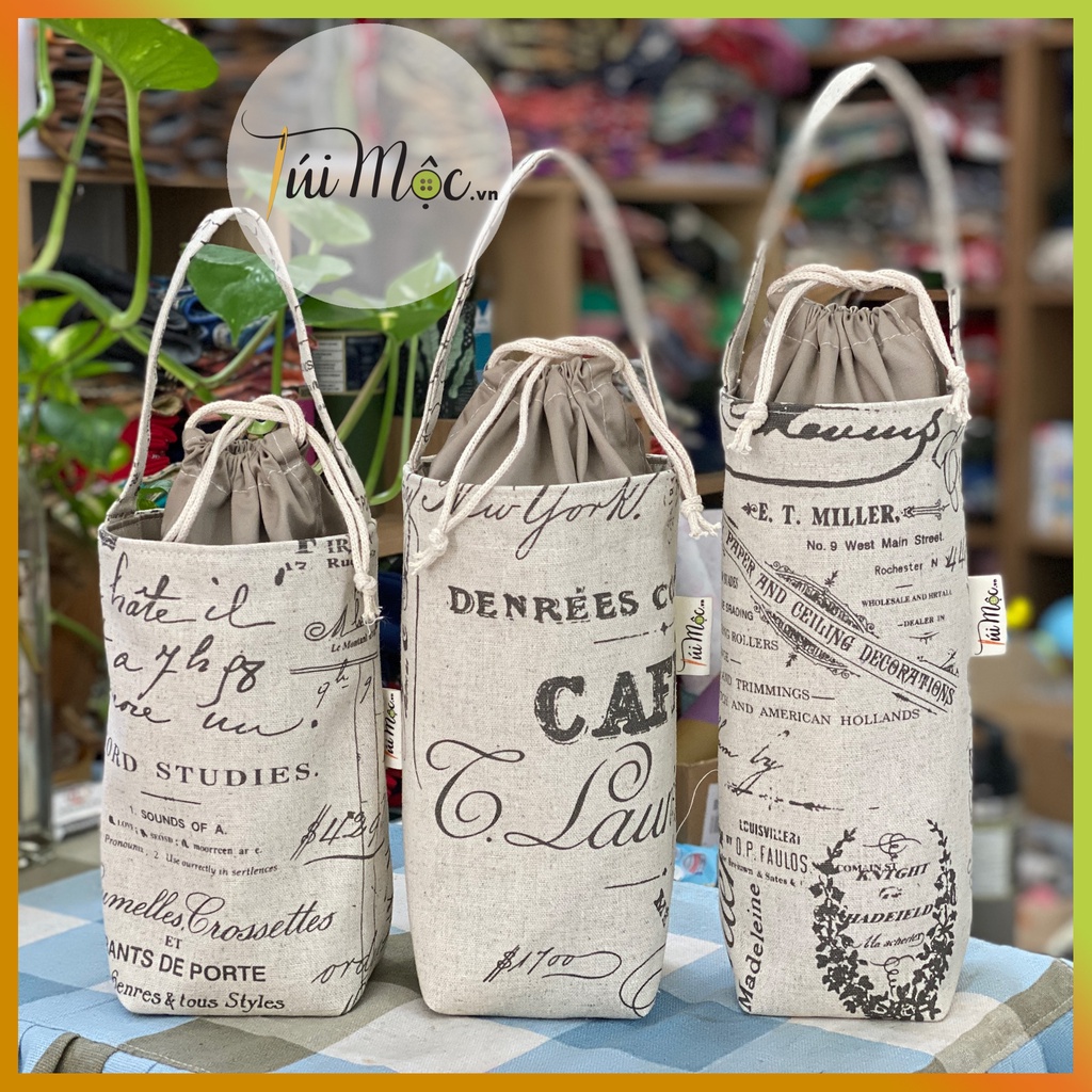 Túi vải Canvas đựng bình/li/cốc giữ nhiệt hoạ tiết Vintage cổ điển