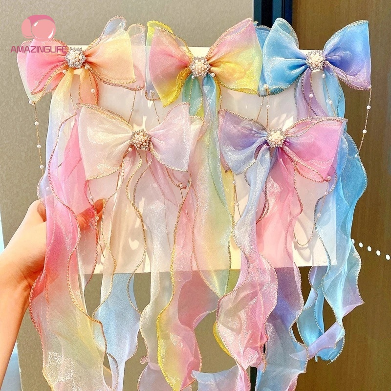 [Amazinglife] Kẹp Tóc Thắt Nơ Lưới Ren / Kẹp Tóc Đuôi Ngựa Màu Cầu Vồng Phong Cách Hàn Quốc Thanh Lịch