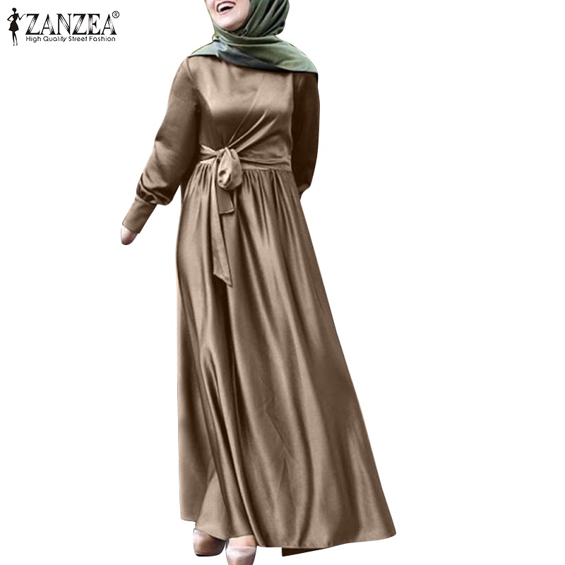 Zanzea Đầm Dài Vải Satin Màu Trơn Cổ Tròn Phối Nút Và Dây Kéo Sau Lưng Cho Phụ Nữ Hồi Giáo