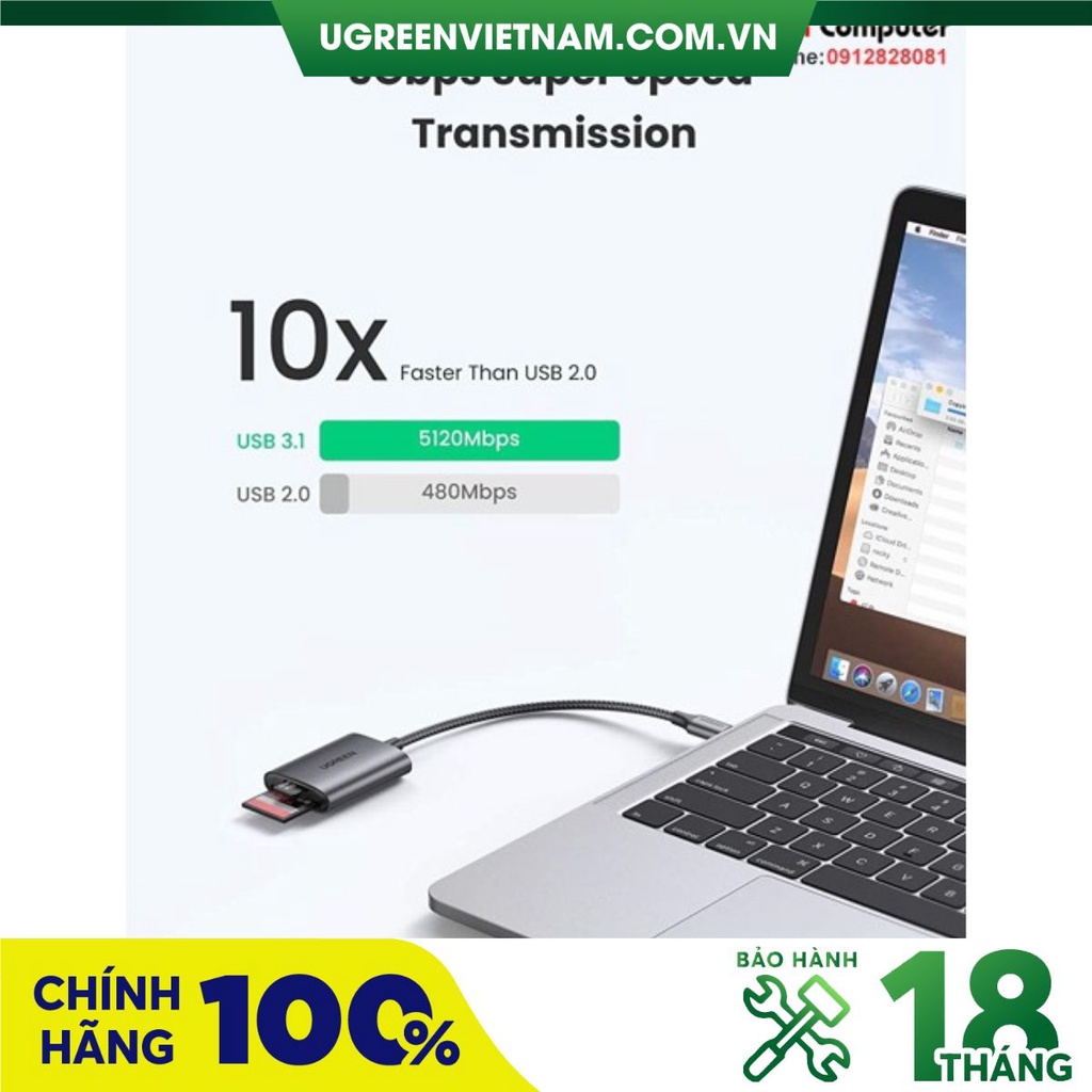 Đầu đọc thẻ SD/TF Ugreen 80887/80888 vỏ nhôm cao cấp