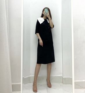 [Ảnh thật] Váy nơ cổ dáng suông (đen, be)