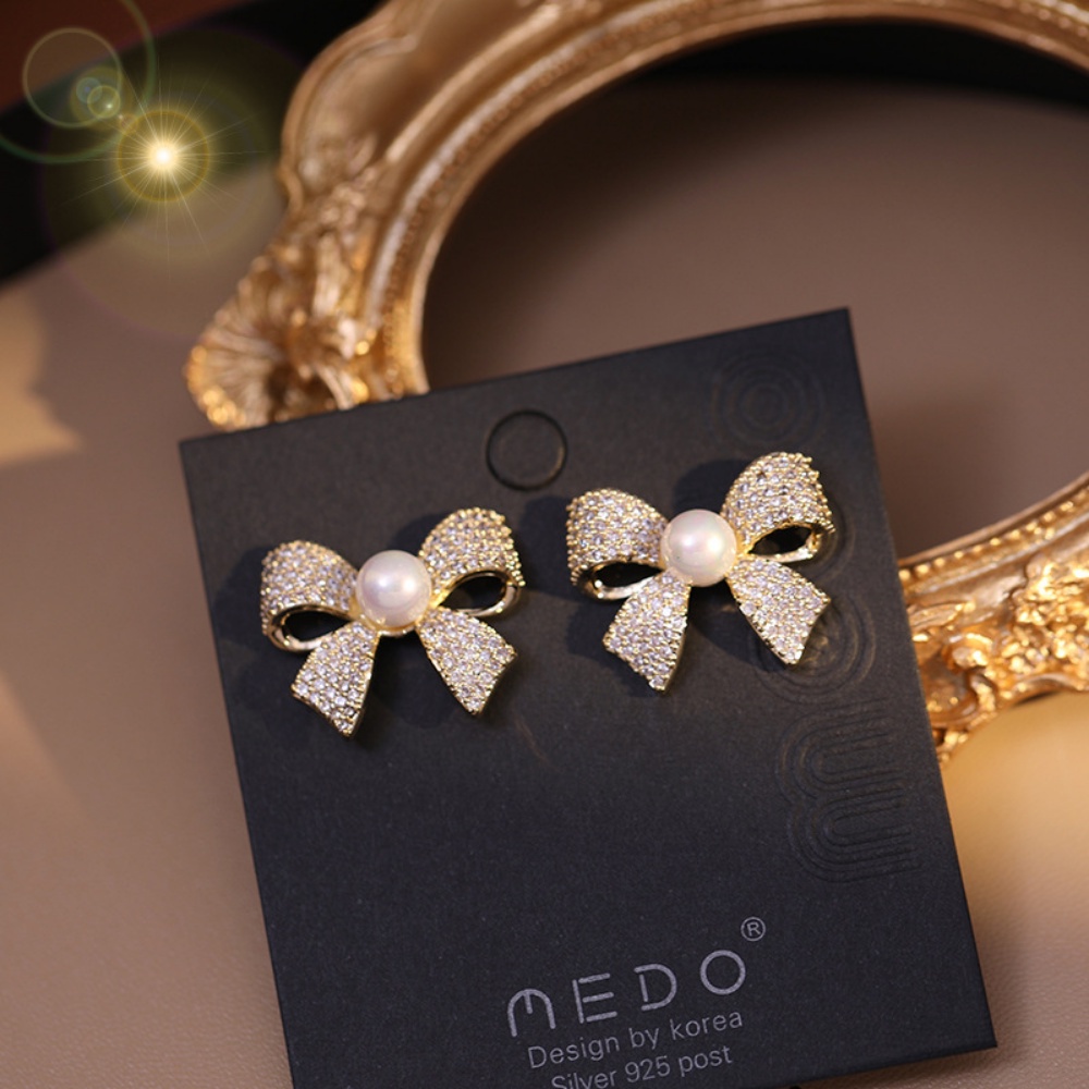 Khuyên Tai Hình Nơ Đính Ngọc Trai Đơn Giản Dễ Phối Đồ