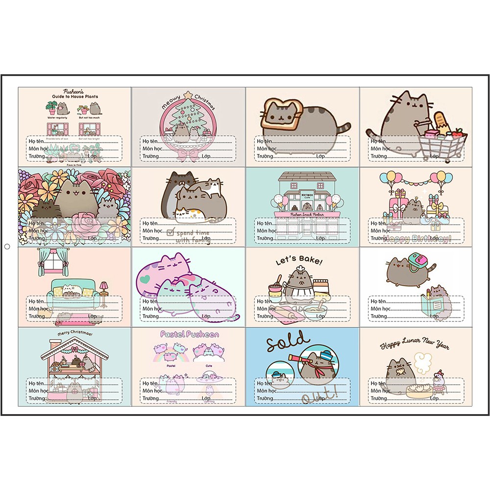 nhãn vở pusheen NV4 hoạt hình set 16 chiếc có keo dán sẵn