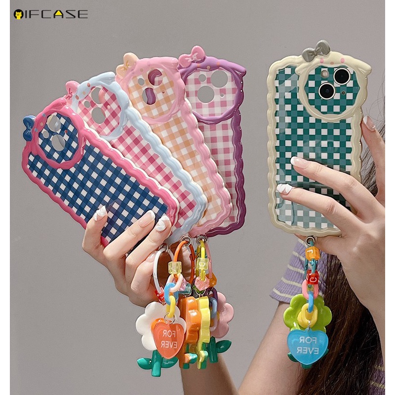 Ốp Điện Thoại Dẻo Họa Tiết Hoạt Hình Hoa / Nơ / Sọc Caro Kèm Vòng Tay & Dây Đeo Cho iPhone 13 12 11 Pro Max
