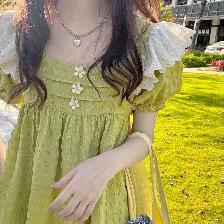 Đầm babydoll Đầm Dáng Chữ a Tay Bay Phối Ren Họa Tiết Hoa Cúc Màu Xanh Lá Ngọt Ngào Thời Trang Mùa Hè Cho Nữ