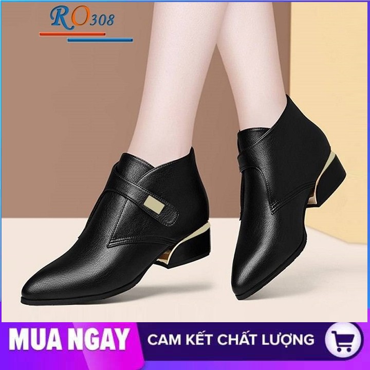 Giày boot nữ cổ thấp 4cm hàng hiệu rosata hai màu đen kem ro308