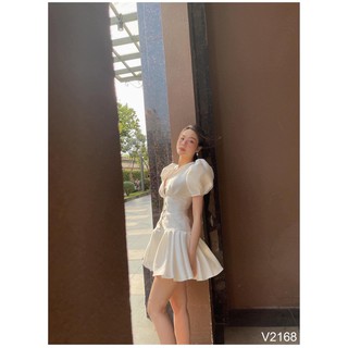 Đầm dự tiệc tay bồng dáng xòe phối nút ngọc xinh xắn - Meme Dress