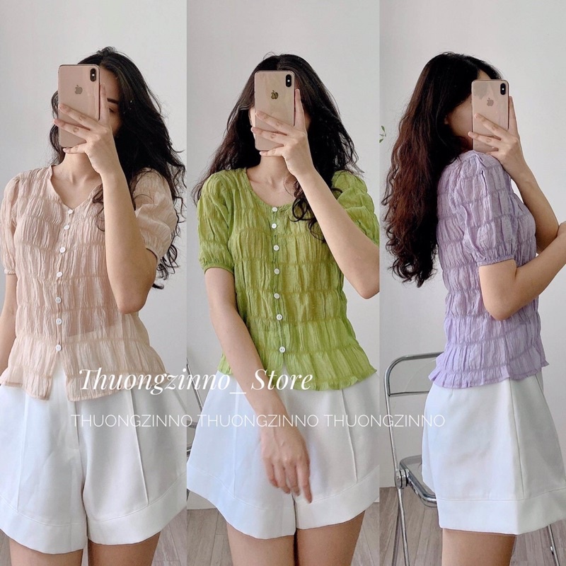 [Ảnh thật/Video]Áo sơ mi China Nhún Lụa thiết kế cúc ngực tiểu thư nhẹ nhàng