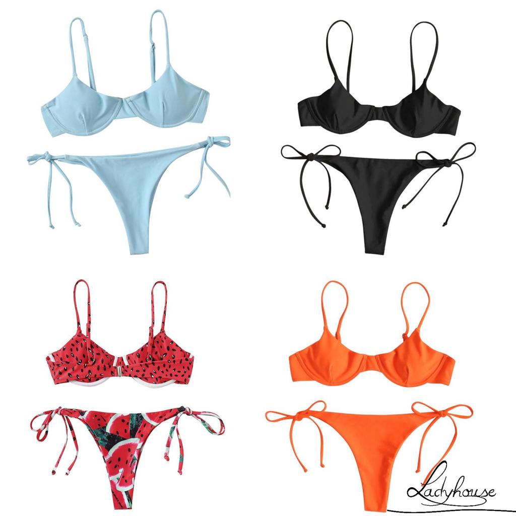 Bộ bikini cổ chữ V màu sắc thời trang gợi cảm dành cho nữ