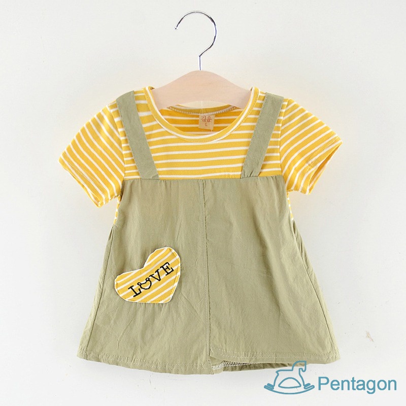 Đầm Ngắn Tay Giả Hai Lớp Họa Tiết Sọc Dễ Thương Thời Trang Mùa Hè Cho Bé Gái