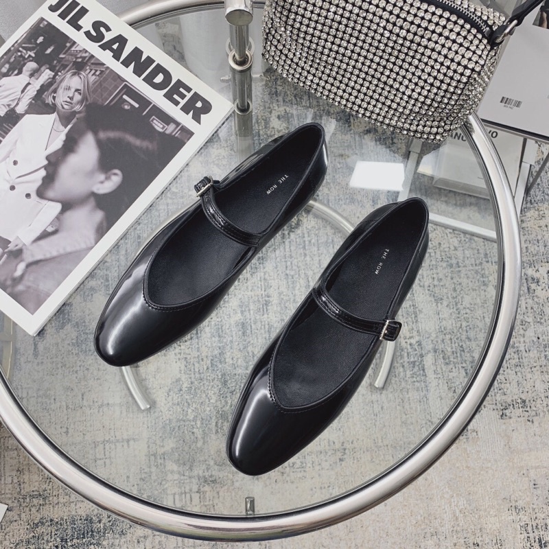 Giày búp bê mũi tròn màu trơn đơn giản da thật thương hiệu The Row 2022 cao cấp