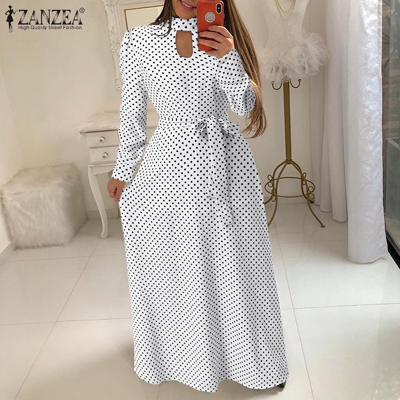 Đầm maxi ZANZEA tay dài cổ đứng họa tiết chấm bi thời trang dành cho nữ